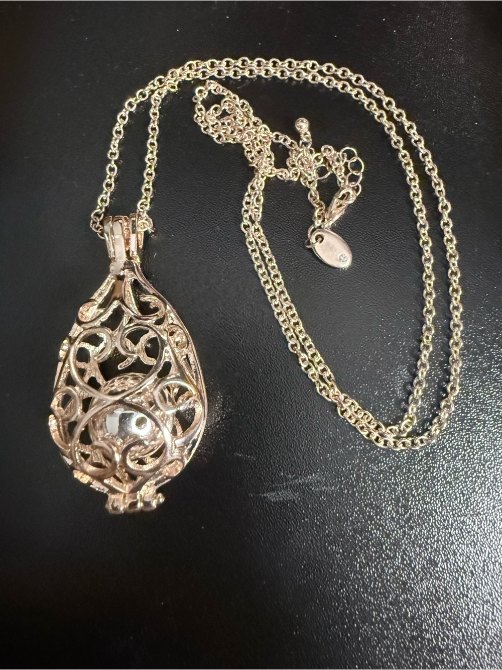 Rose Gold Tone Filigree Teardrop Cage Locket Necklace